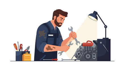 Mechanic Working on Engine with Wrenches and Tools.