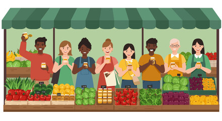 Diverse Group of People Selling Honey at Market.
