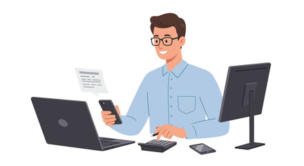 Smiling Man Working with Laptop Phone and Calculator.