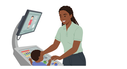 Woman and Child Interacting with Touchscreen Display.