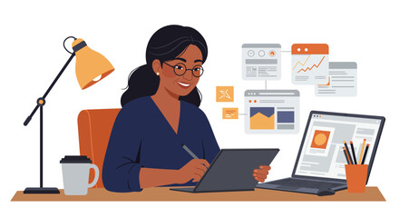 Smiling Woman Working on Tablet and Laptop.
