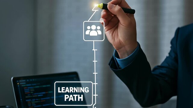 AI software developer collaboration with coding learning path and digital icons on laptop screen in office environment and wooden table workspace - Powered by Adobe