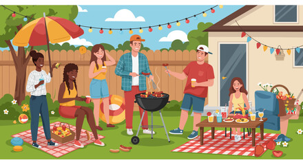 Group of Friends Enjoying a Backyard Barbecue Party.