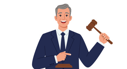 Smiling Judge Holding Gavel Pointing at Podium.