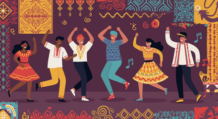 Joyful Group Dancing with Colorful Traditional Outfits.