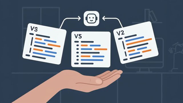 AI software developer collaboration with hand holding code versions and chatbot icon symbolizing teamwork and innovation in office background
