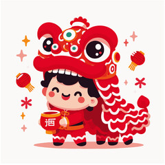 Chinese Lion Dance Barongsai Illustration, Flat Cartoon Vector