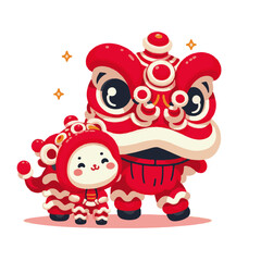 Obraz premium Chinese Lion Dance Barongsai Illustration, Flat Cartoon Vector