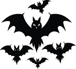 Flying bats cast spooky silhouettes against the moon, a cute cartoon animal illustration perfect for a Halloween night design