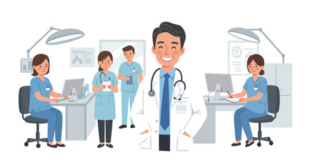 Smiling Doctor and Medical Team in Office.