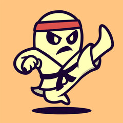 A ghost in a karate outfit performs a high kick with fierce ghostly eyes, blending spooky power and adorable charm against a solid background.