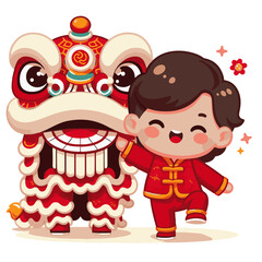 Chinese Lion Dance Barongsai Illustration, Flat Cartoon Vector