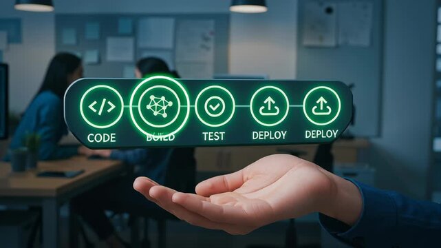 AI software developer collaboration code build test deploy concept with icons floating above hand and team working office environment for seamless