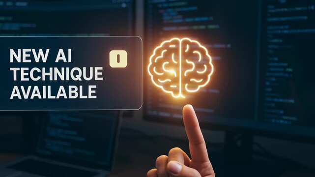 New ai software developer collaboration concept featuring glowing brain icon with computer screens displaying programming code dark office