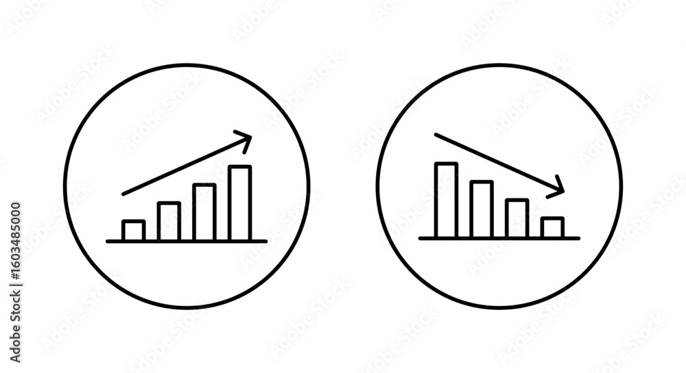 Poster up and down graph icon in circular line. outline bar chart with uptrend and downtrend arrow symbol