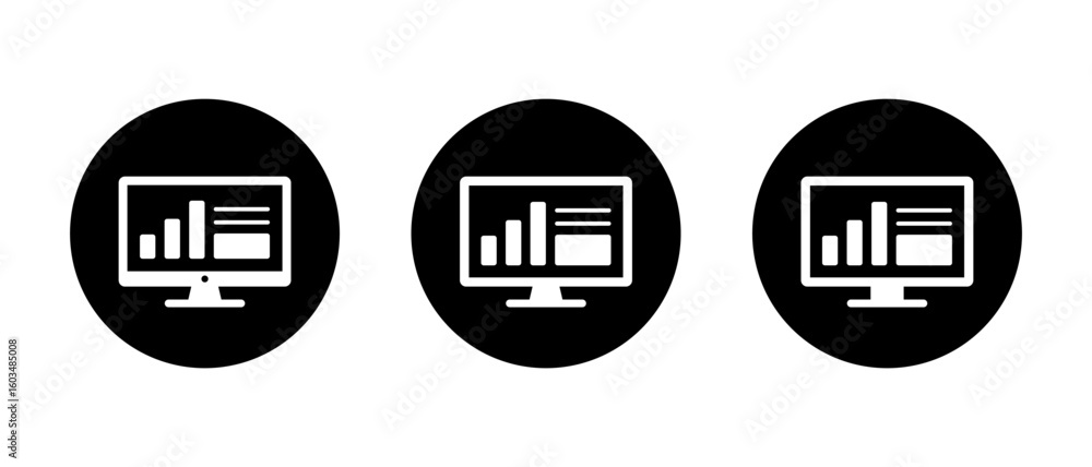 Poster computer monitor with business dashboard interface. bar chart and infographic icon in black circle