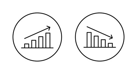 Up and down graph icon in circular line. Outline bar chart with uptrend and downtrend arrow symbol