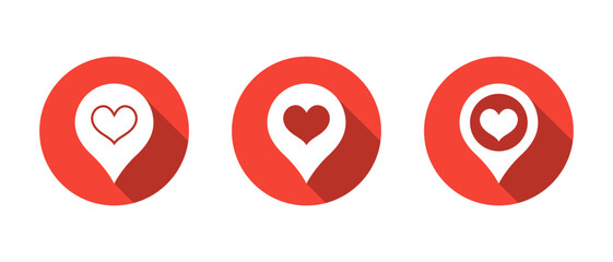 Heart location pin icon with long shadow. Love map marker for favorite or romantic place
