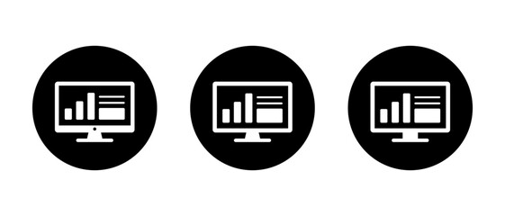 Computer monitor with business dashboard interface. Bar chart and infographic icon in black circle