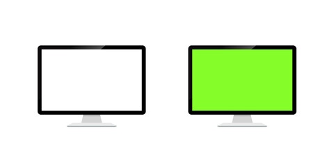 Computer monitor mockup with green screen. Blank and white desktop screen icon illustration