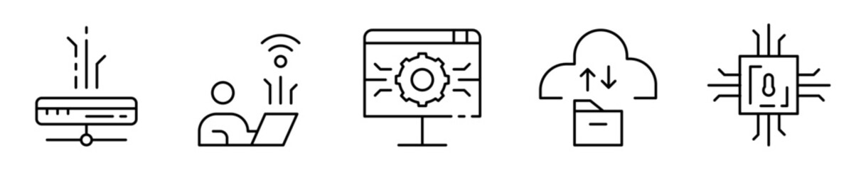 Conjunto de iconos de tecnolog&iacute;a de la informaci&oacute;n. Procesamiento de datos. Servidor, conexi&oacute;n wifi, configuraci&oacute;n del sistema, almacenamiento en la nube y microchip. Ilustraci&oacute;n vectorial