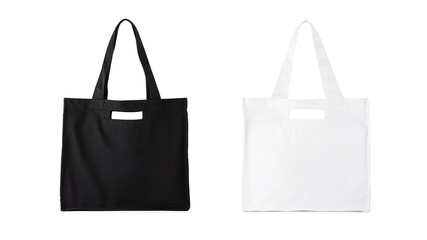 Reusable cotton tote bags in black and white colors with minimal handles, isolated on white...