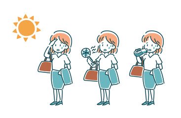 暑い日のスーツの女性のベクターイラストセット