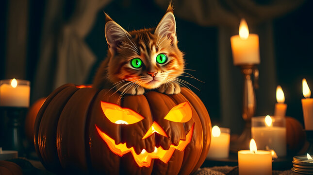 A mystical ginger cat with vibrant green eyes rests atop a glowing jack-o'-lantern in a dark, candlelit Halloween setting. - Powered by Adobe