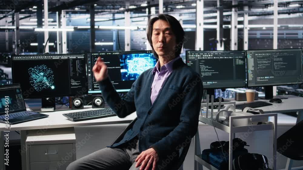 Poster data center admin waving hand, filming presentation tour, showcasing mainframes and ai technology. u