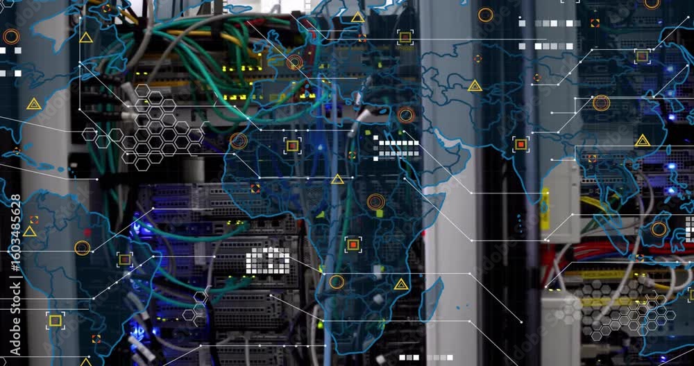 Poster blinking leds starting map overlay over racks pulsing links showing global network flow