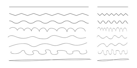 Wave line and wavy zigzag pattern lines. Curvy undulate parallel borders. Geometric vintage line collection. Simple outline design element. 
Marker wavy line set in white background.