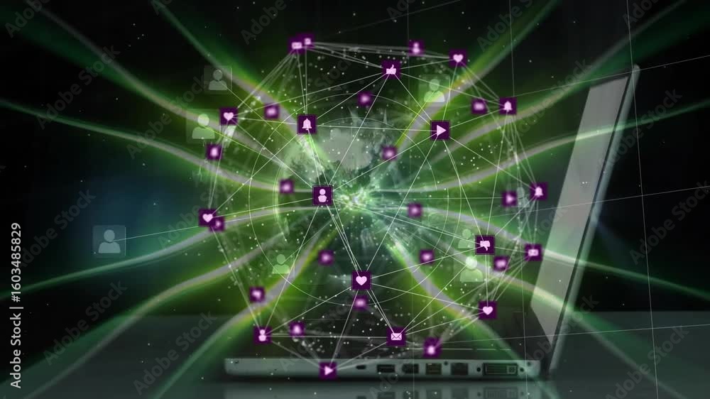 Aufkleber neon sphere pulsing triggers laptop opening with hand rotating sphere forming icons for interaction