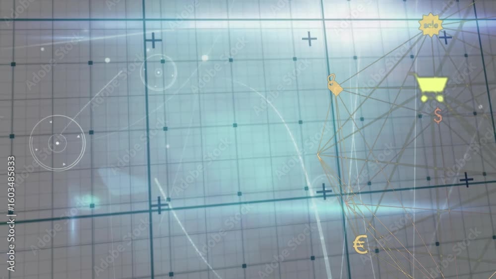 Poster soft glow initiating vertical line, network growing while icons pulsing visualizing commerce flow