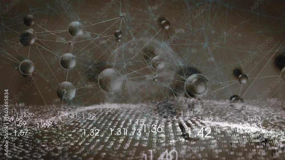 Poster on data load, metallic spheres appearing over grid, forming network showing data flow in 3d render