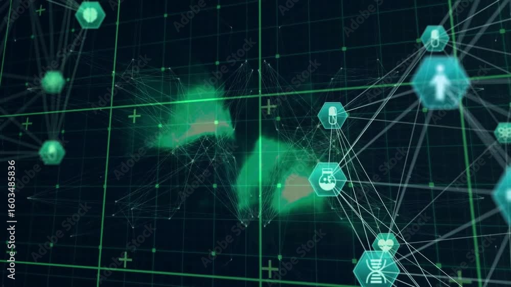 Poster center point appearing and forming network globe, pulsing medical icons linking data analysis