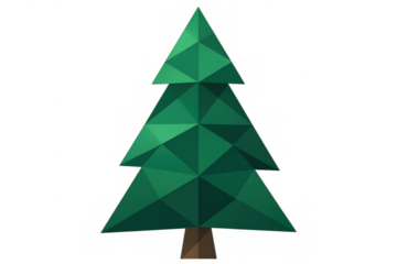 Green low poly christmas tree with brown trunk standing on transparent background, ideal for christmas projects