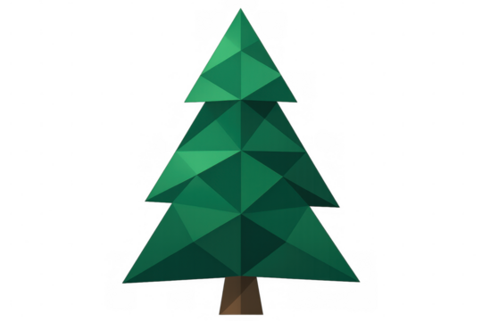 Green low poly christmas tree with brown trunk standing on transparent background, ideal for christmas projects