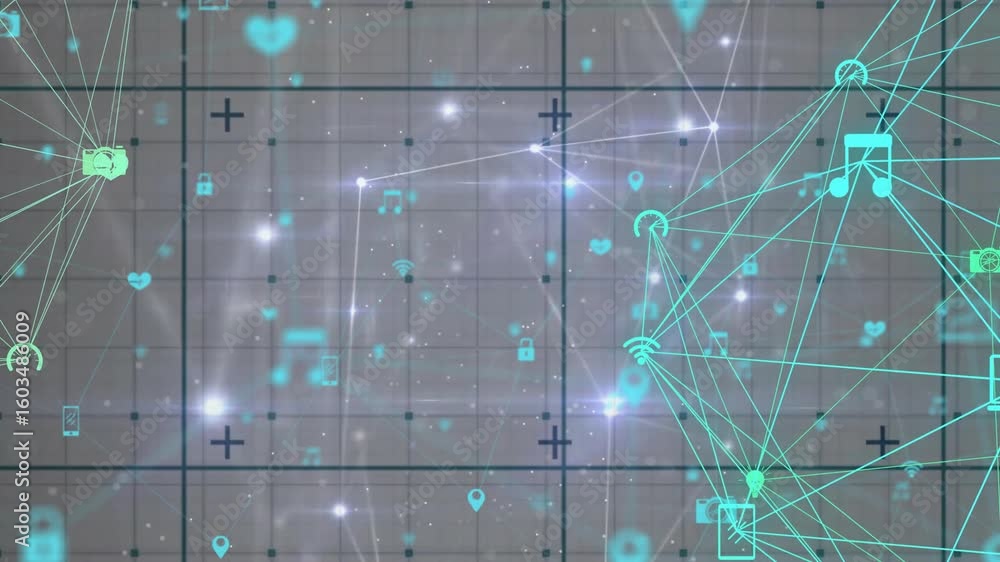 Aufkleber glowing points appearing on grid starting icons materializing, drifting left, forming data network