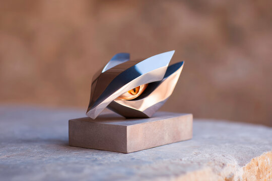 Metal sculpture with glowing eye abstract futuristic