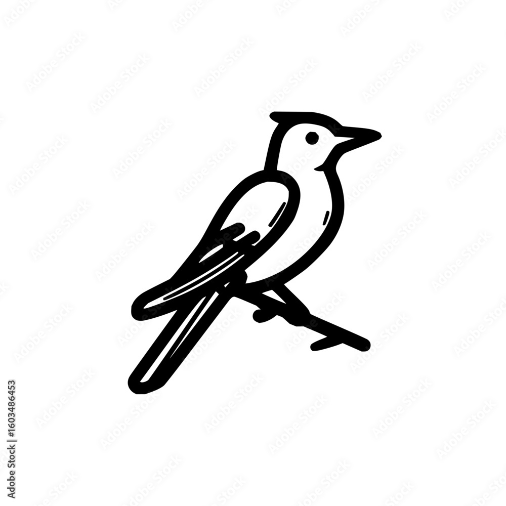 Poster illustration of a bird perched on a branch with a simple black and white outline design style image 