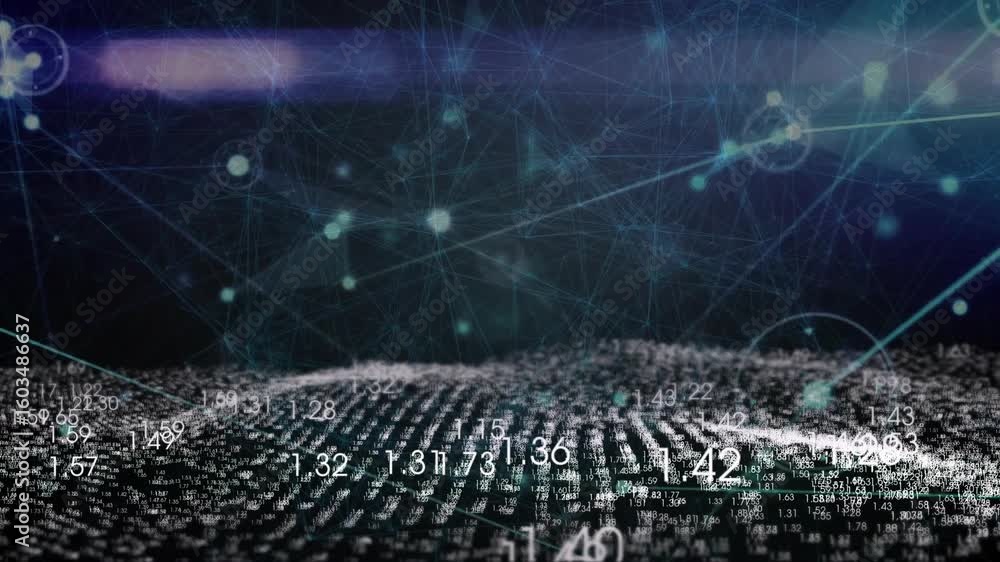 Poster upon start numeric grid undulating with decimals drifting and network expanding for data view