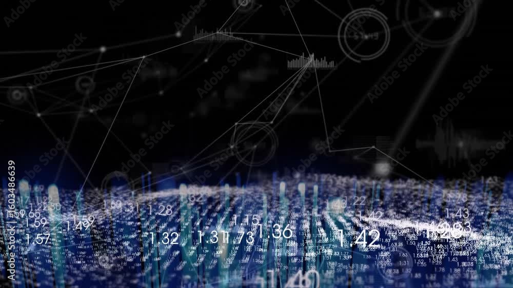 Poster glowing grid forming triggers network links as waves undulating labels updating data visualization