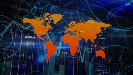 Orange world map showing pulsing ring over North America, starting data labels and flowing wave - Powered by Adobe