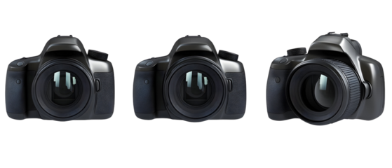 Three Black Digital Cameras Isolated On Transparent Background Capturing Focus View Lens And Body Details