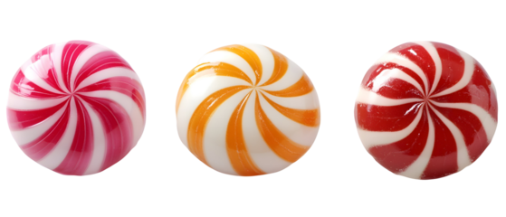 Three Swirled Candies In Vibrant Colors Against A Transparent Background Highlighting The Circular Shapes And Textured Surface