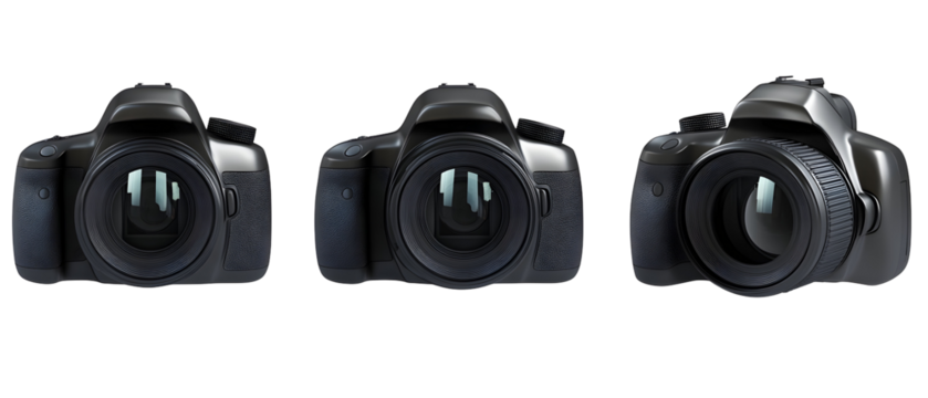 Three Black Digital Cameras Isolated On Transparent Background Capturing Focus View Lens And Body Details - Powered by Adobe