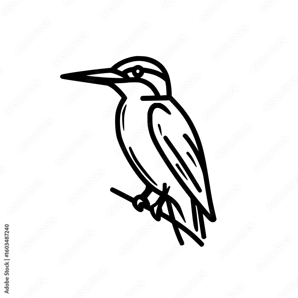 Poster a simple line drawing of a kingfisher bird perched on a branch with a white background and clean lin
