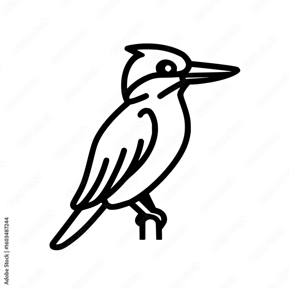 Poster a simple line drawing of a bird perched on a small branch with a long beak and detailed head feather