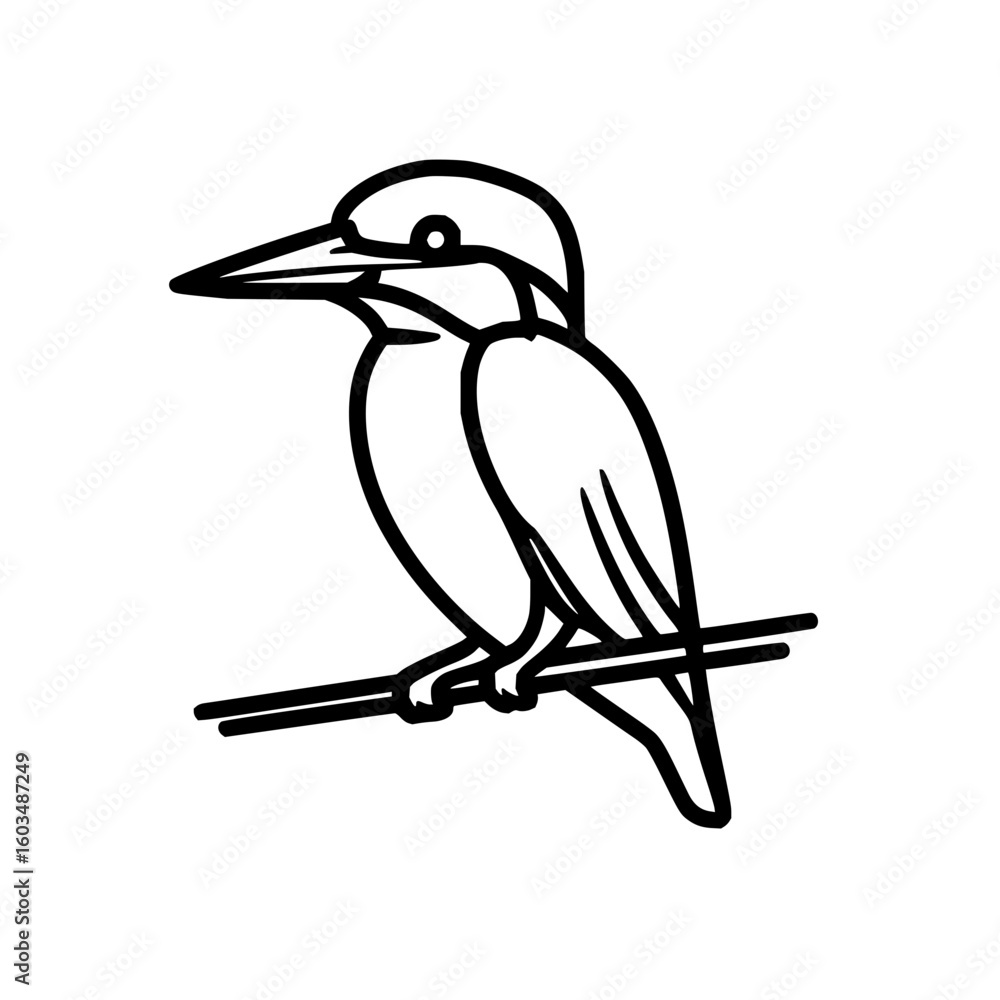 Poster a simple black and white line drawing of a kingfisher perched on a branch with a clean background de