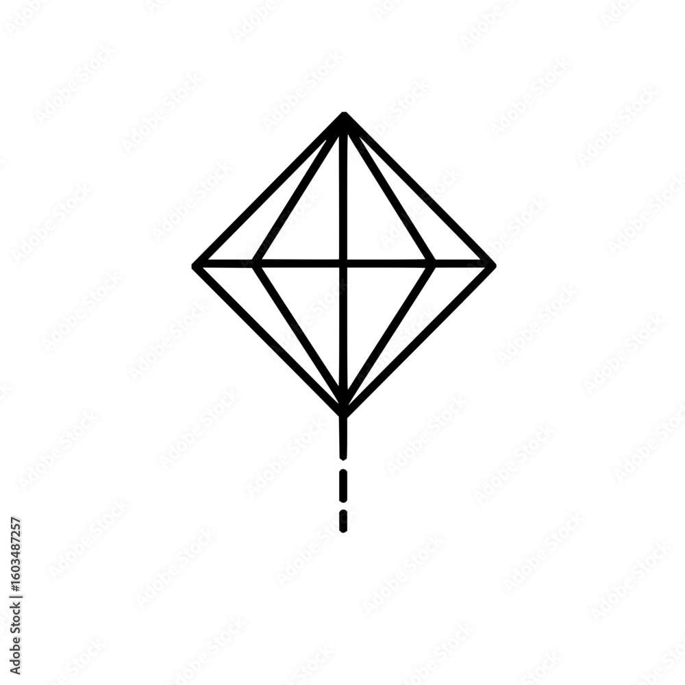 Poster a stylized kite with a diamond shape and a dashed tail in a minimalist black and white design aesthe